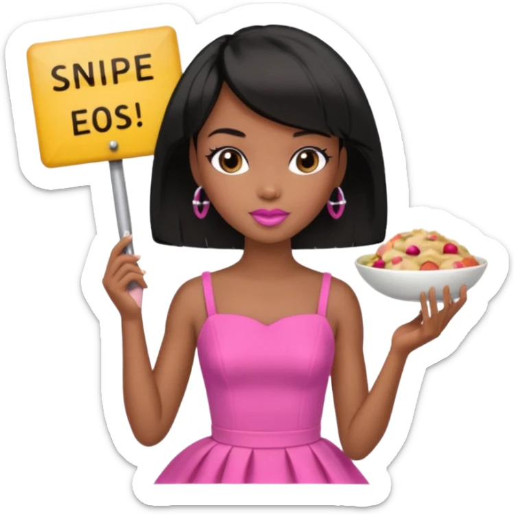 Black barbie, short  black bob  hair, pink dress eating with a sign that says snipe sticker