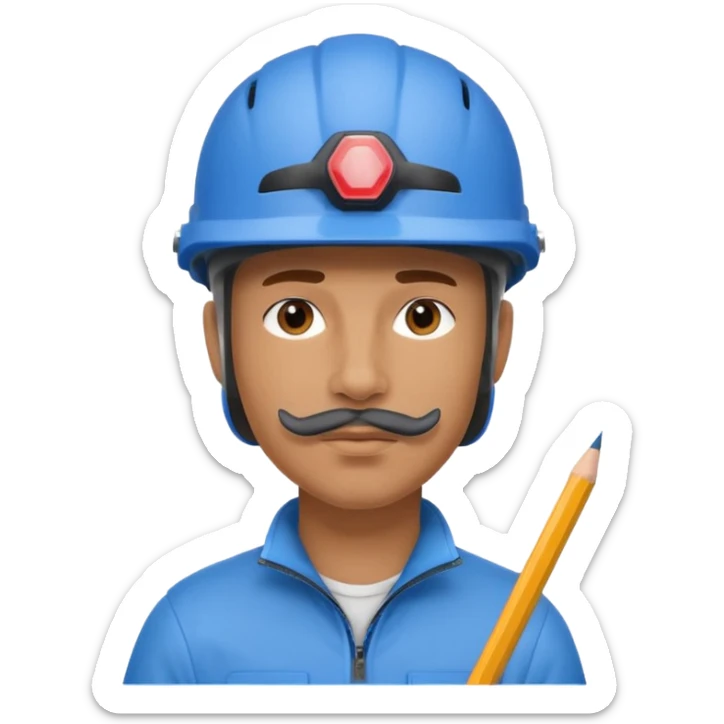 Man wearing a blue bike helmet and a pencil in his nose sticker
