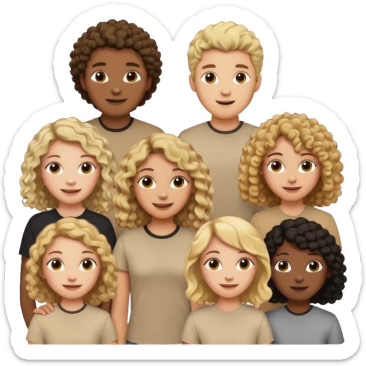 group of people  together ; men and women with brown, blonde, black hair- short hair, long hair and curly hairr wearing beige shirts aesthetic no collar, brown people, white people, black people sticker