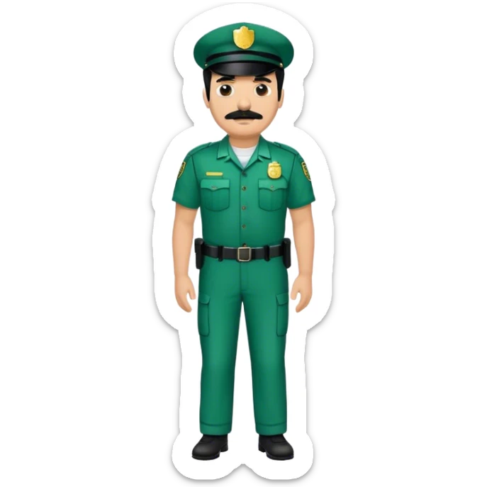 Chill guy in correctional officer green uniform. Full body. Black hair black mustache  sticker