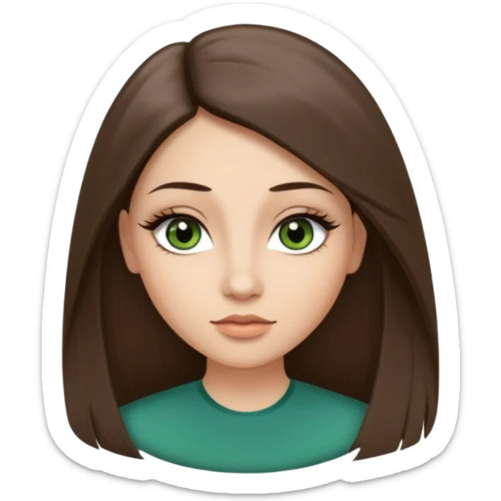Adult woman avatar, light skin tone, oval face, long straight ashy brown hair, green almond-shaped eyes with dramatic eyelashes and minimal eyeliner, neutral mouth, medium straight eyebrows, small nose, smooth skin sticker
