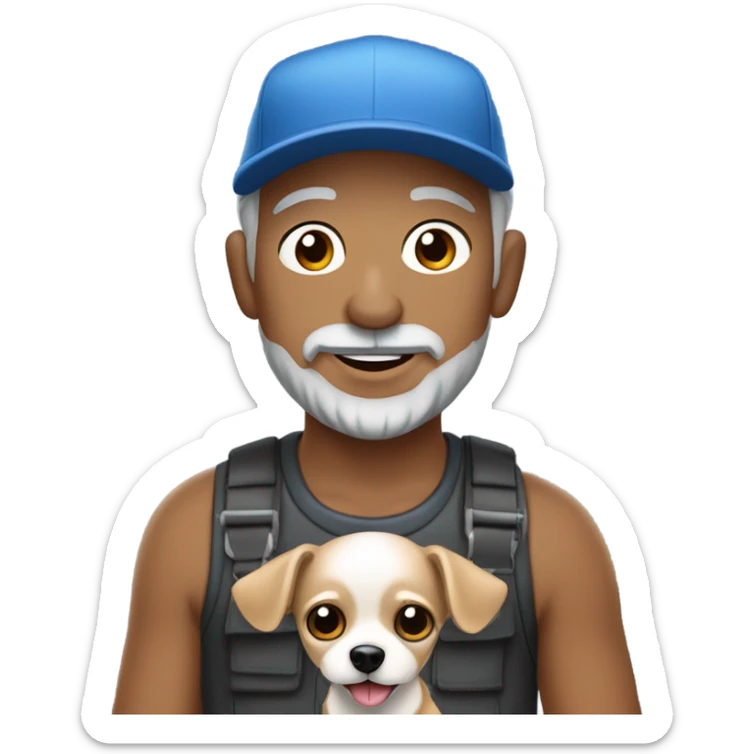 blue eyed man with gray hair gray goatee wearing ball cap holding chihuahua with long black hair sticker