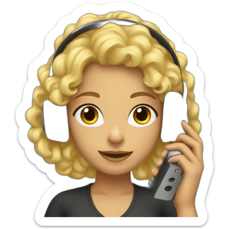 A woman with blond and curly hair and wearing headphones and a phone sticker