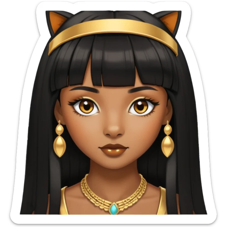 brownskin girl, fox eyes, black straight hair with bangs above eyebrowns, golden accessories sticker