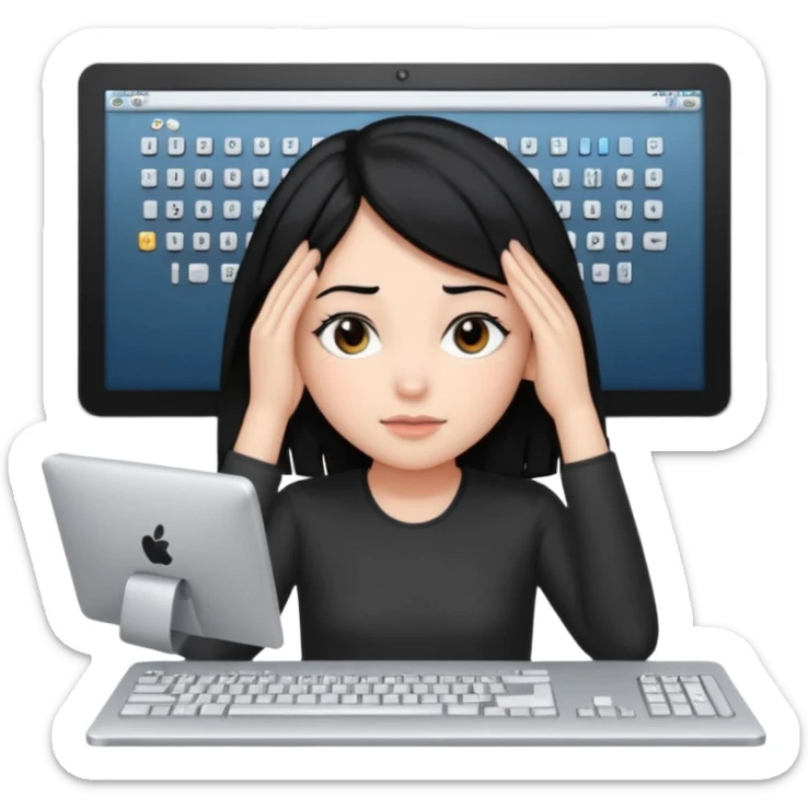 A girl is in front of a computer and is holding her head.The one with black hair And the computer is of a certain type hp sticker