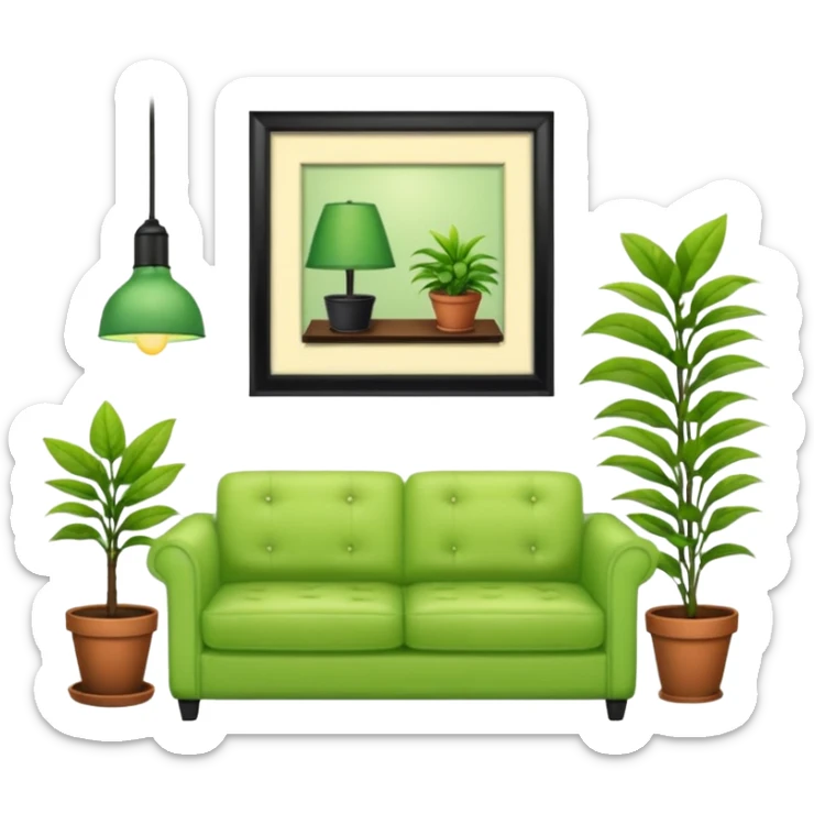 living room in ios emoji style

no TV, and make the couch a light green color

there is a lamp on one side and one plant on the other side sticker