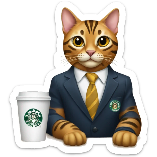 Bengal cat wearing a suit with a Merrill lynch employees badge holding a Starbucks coffee  sticker