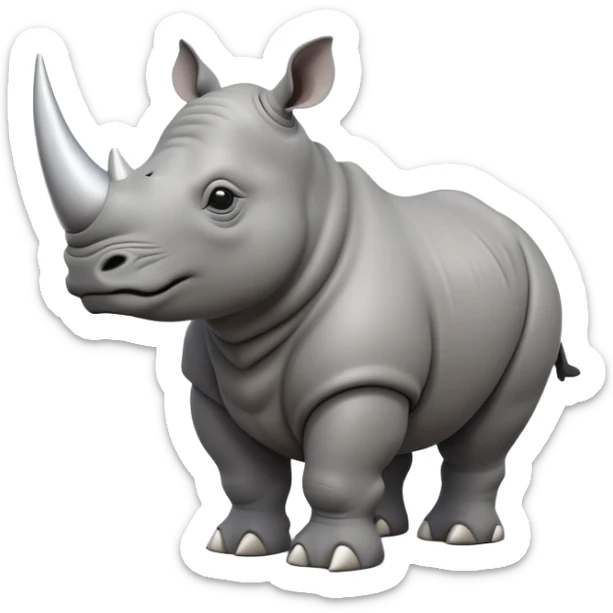 cinematic-rhino-full-body-standing-emoji,white horn, slate grey skin -massive-body-poised-powerfully,-thick-horn-curving-slightly-forward,-head-tilted-dramatically,-rough-grey-hide-covered-in-dust,-simplified-focused-features, large cute black eyes sticker