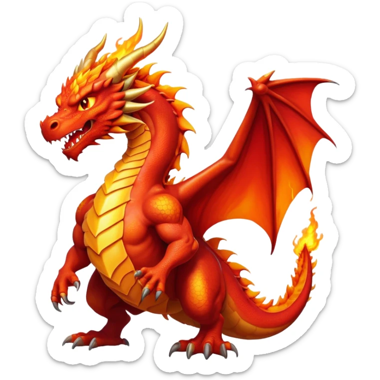 cinematic-noble-fierce-fire-dragon-full body-emoji,-poised-and-imposing,-with-a-muscular,-scaled-body-ablaze-in-fiery-hues-of-crimson,-molten-orange,-and-molten-gold,-and-intense,-burning-eyes-that-mirror-the-heart-of-a-volcano;-rendered in detail sticker