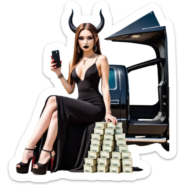 Sensual queen long brown straight haired sexy drug lord woman with black platform high heels with  on her feet,  and devil black horns on her head, holding a stack of cash, has a phone in other hand. Sitting on a large big new model F350 pickup truck  full of drugs, long black dress with sexy slit sticker