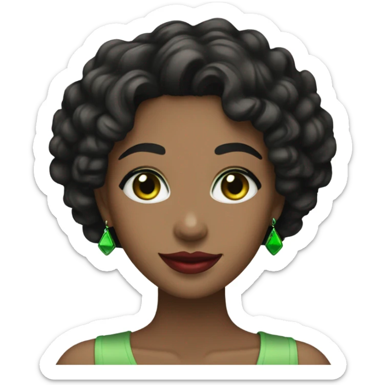 woman with black curly hair, red lips, green eyes and smile  sticker