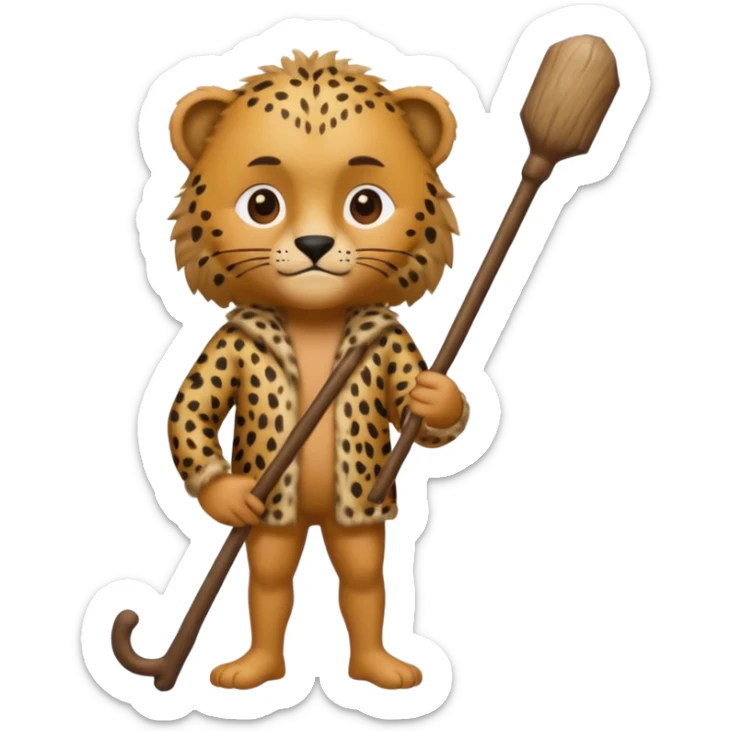 Give me a human who has hunch back and wearing cheetah print clothes  lot of hair on his body show full body and has a stick in his hand sticker