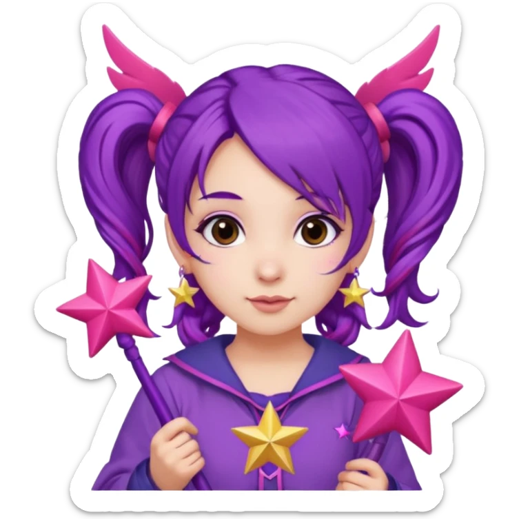 Create an emoji of a fairy-like woman with purple hair tied into two pigtails, red stars in her hair, wearing a pink outfit and pink wings. She is holding a pink star-shaped wand and wearing purple circular earrings. sticker