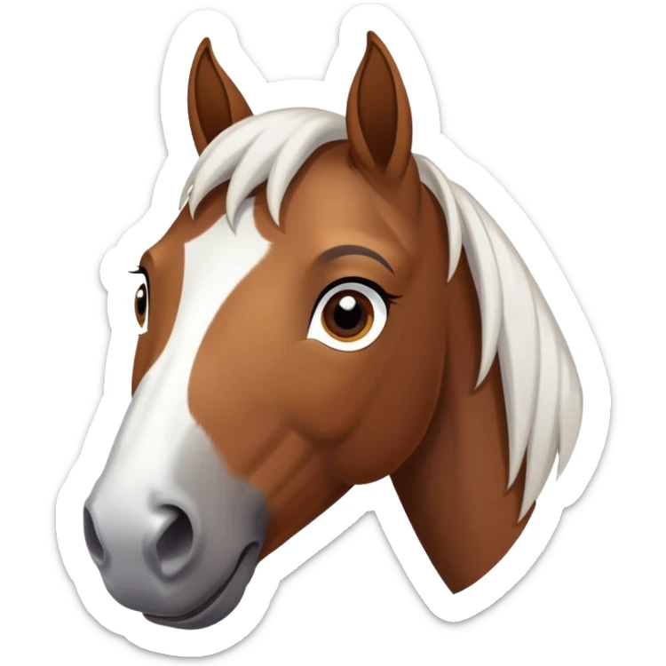 a brown horse, the main thing is that the horse has a white spot on the forehead between the eyes in the shape of an inverted triangle and a white spot on the right side of the nose. Pose and expression - cute face, Background - transparent for telegram sticker