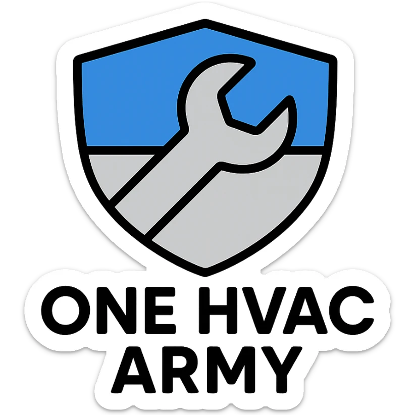 bold modern icon of a shield and wrench motif for HVAC installation company called One HVAC Army, blue and silver colors sticker