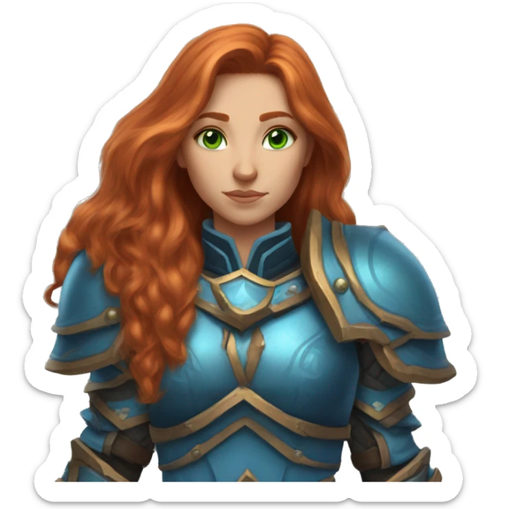 female human from world of warcraft, long ginger hair, green eyes, blue armor sticker