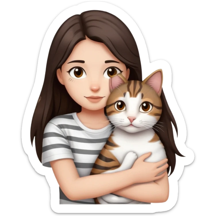 a girl with long dark brown hair, in a
white T-shirt and brown eyes, hugs a tabby
dark grey and white strips one cat sticker