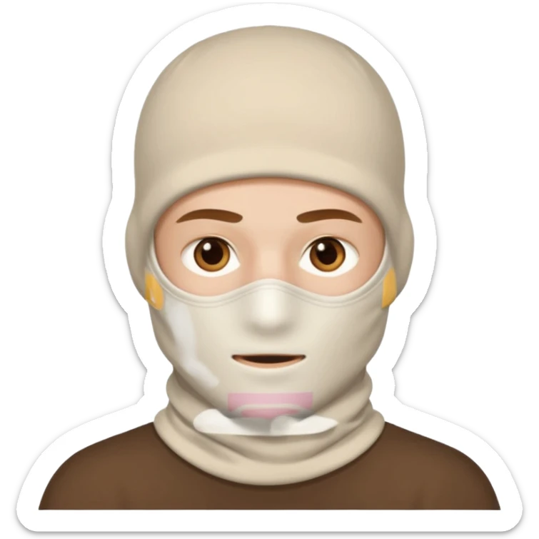head of a white guy with brown eyes wearing a white balaclava, with a neutral expression sticker