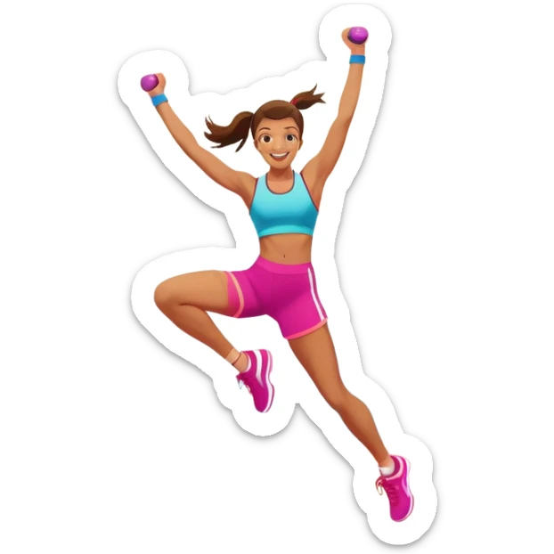 An energetic person performing an aerobics workout in a brightly lit gym, jumping and stretching with enthusiasm. The scene includes vibrant fitness equipment like dumbbells and exercise mats, with a background of cheerful, motivating colors, conveying energy and movement. sticker
