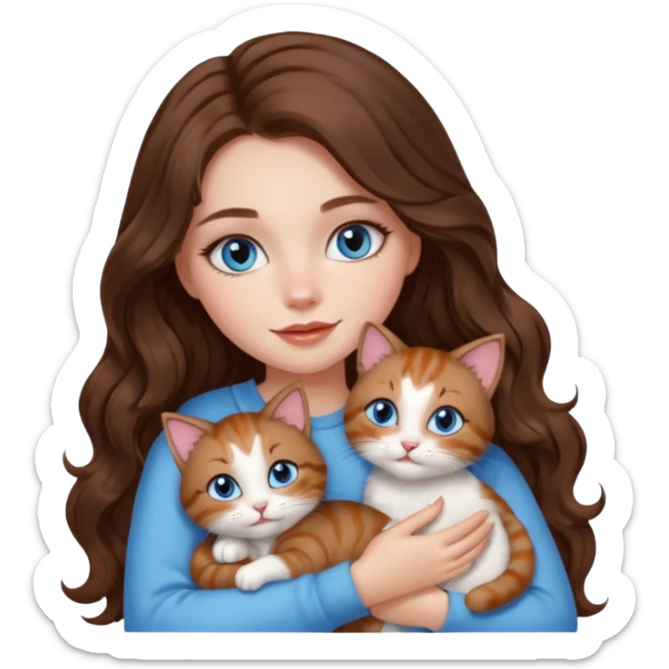 girl with long wavy brown hair, blue eyes, long lashes makeup, cuddling with 6 cute cats sticker
