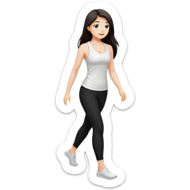 Девушка белокожая на боковой дорожке, с длинными темными волосами, в одежде для йоги - черные лосины, белый топ на тонких лямках, sticker