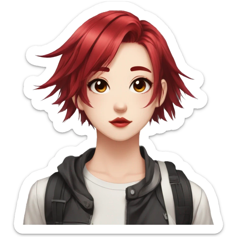 Gorgeous anime style tomboy-lady with blushing face aesthetic and pretty edgy black red punk hair with hair garment trending style sticker
