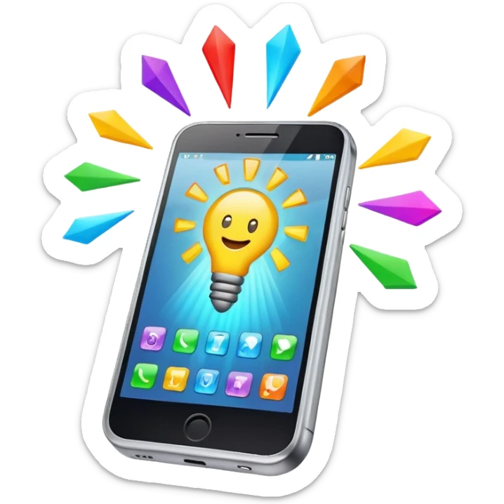 Generate a realistic emoji of a smartphone where a lot of things like data, ideas, inventions and creative stuff coming out of it. Whats coming  out of it spreads in the air  sticker