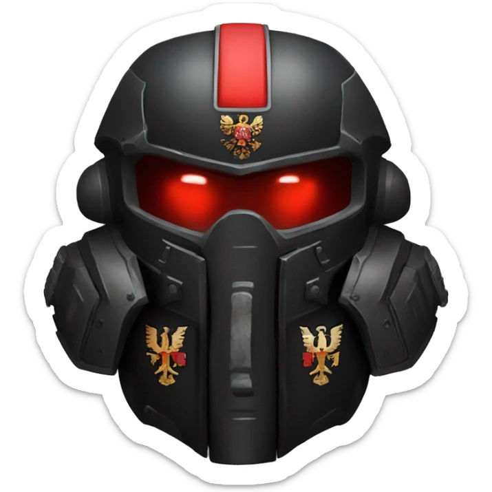 Black Space Marine 40K helmet with red lenses, featuring the Russian coat of arms. sticker