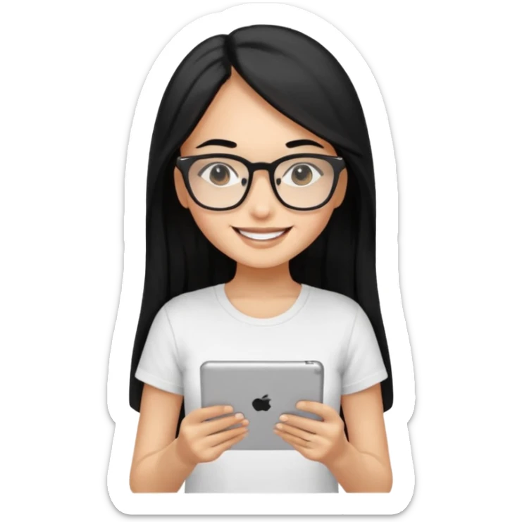 Long black hair girl in a white T-shirt and black square glasses smiling studying with an Ipad. sticker