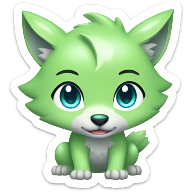 Cute Shy Shiny Light-Green Fakémon-Wolf-Pokémon with Cyan-Blue eyes Full Body sticker