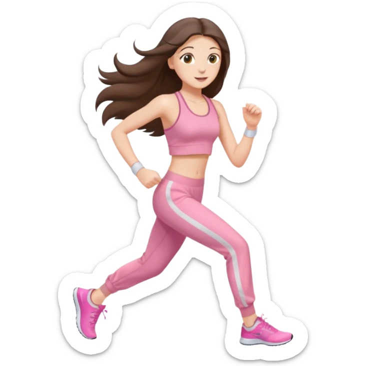 white happy brunette teen long hair with hazel eyes in light pink workout clothes jogging sticker