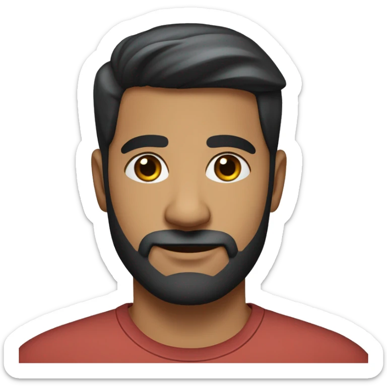 A head and shoulders shot of a 35 year old South Asian man, with short black hair, with beard facial hair,   with brown eyes wearing a t-shirt. sticker