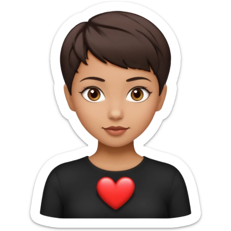 woman pixie cut dark brown hair, tan skin, brown oval eyes, heart shaped face sticker