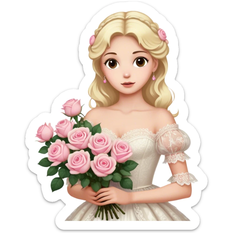 Blonde model with brown eyes wearing a white lacey rococo gown clutching a giant bouquet of cream and pink roses sticker