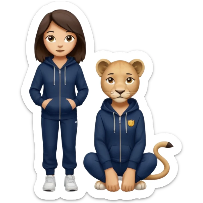 León tierno que sea mujer con pantalones guangos color azul marino y una sudadera negra con cabello suelto color castaño obscuro sticker