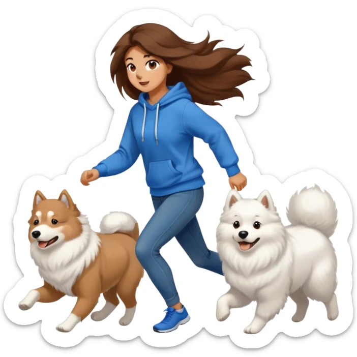 A beautiful girl with long hair wearing a sweatshirt and jeans is running with a Samoyed sticker