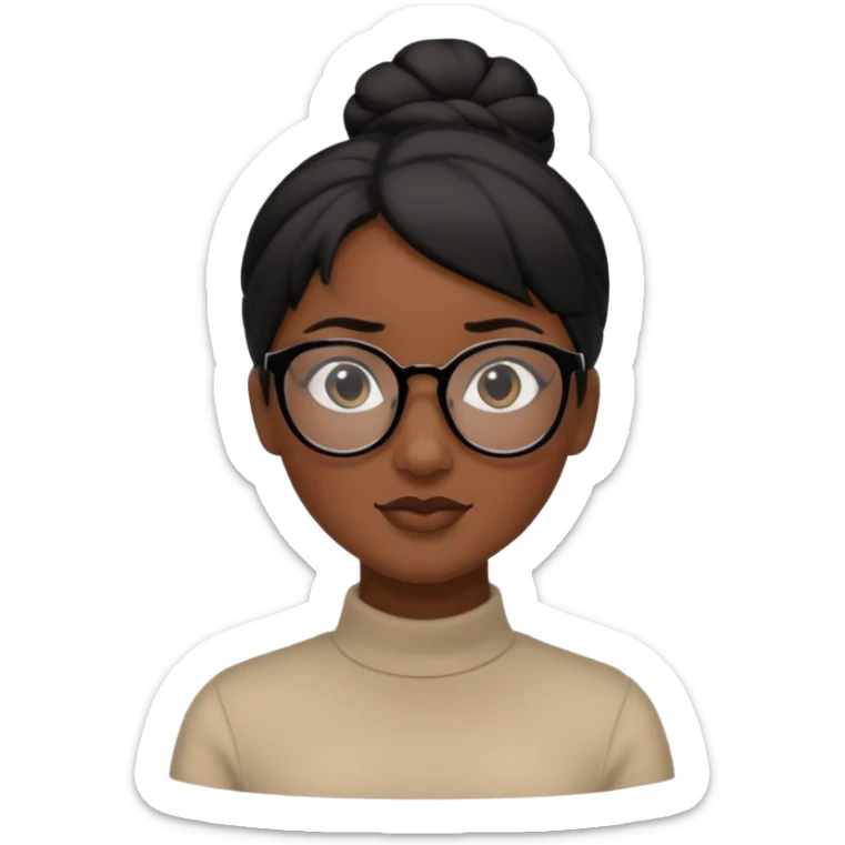 A woman with dark skin, black hair in a neat bun, black glasses, and an oval face with soft features. sticker