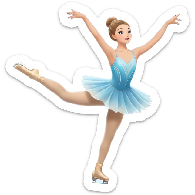 An icon showing a graceful figure skater mid-spin on a sparkling ice rink, wearing an elegant costume. The background features festive arena lights, snowflakes, and cheering spectators. Transparent background captures the beauty, artistry, and elegance of figure skating. sticker