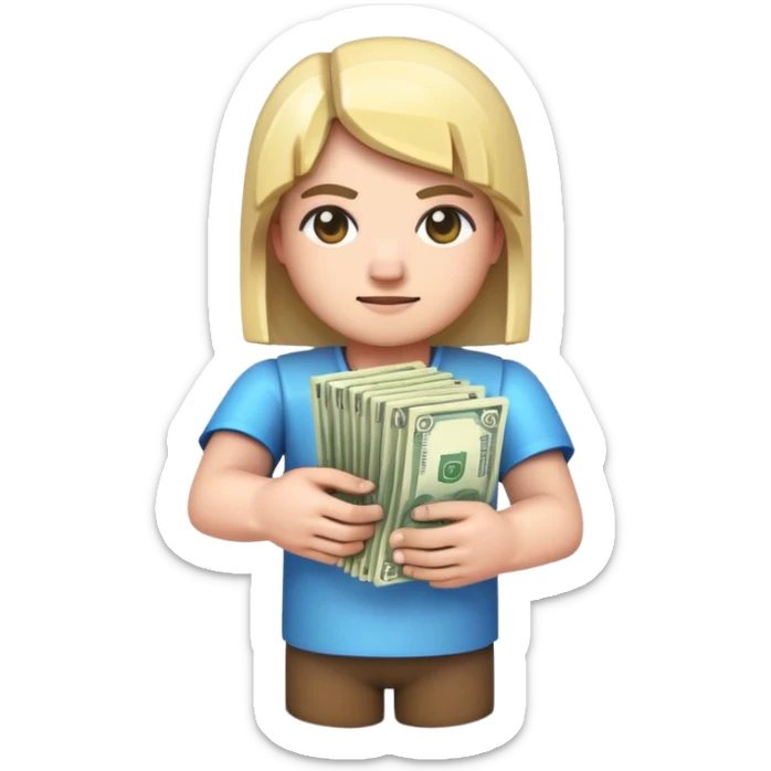 emoji style icon, minecraft blocky character holding a stack of money, pixel art style, bright colors, simple background, 3D glossy emoji, centered composition, soft shadow, high detail, clean outline, white background sticker