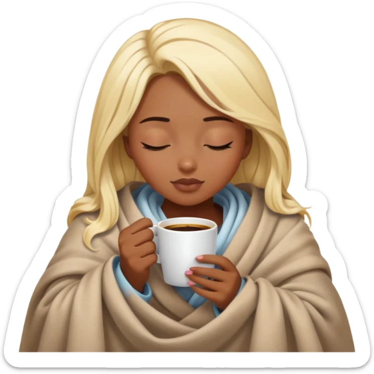 Blonde dark skin girl inside a blanket sipping coffee eyes closed sticker
