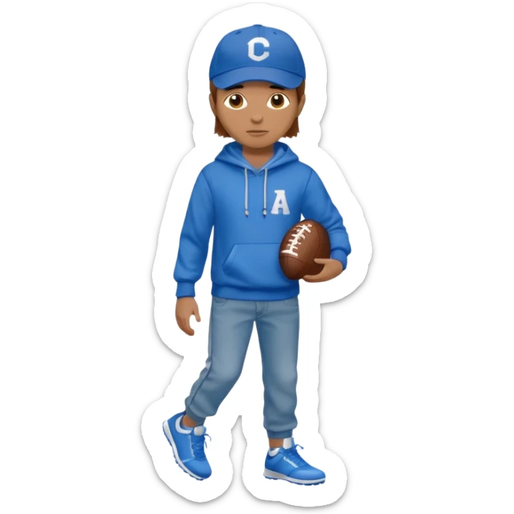 A person. With aBlue baseball cap. With a football on it. Brown hair. A blue hoodie. And tan jeans. With Nikes on. sticker