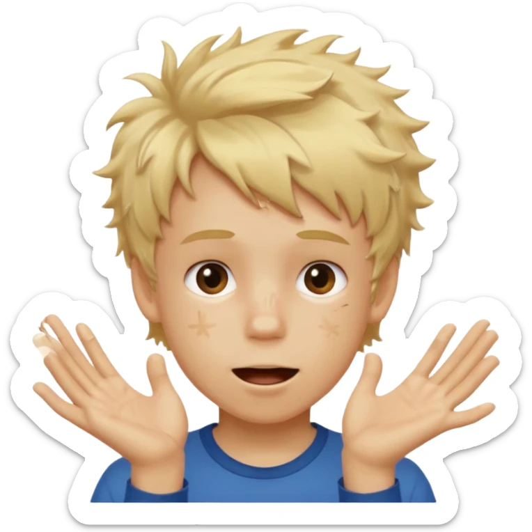 White young boy with mouth out and blonde messy hair with his hands out one has a 6 on it the right has a 7 on it sticker