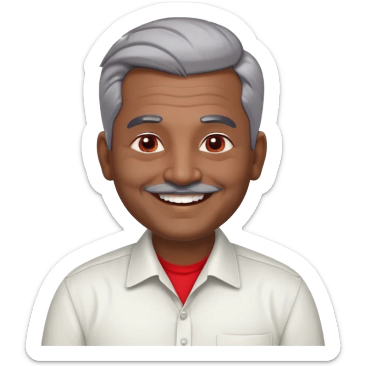 50 yr old indian man, dark skin, grey hair, big smile, white teeth, chubby, no moustache, clean shaven, young style hair, hair brushed back, 5 oclock shadow, bindy on forehead, dress shirt, red dot sticker