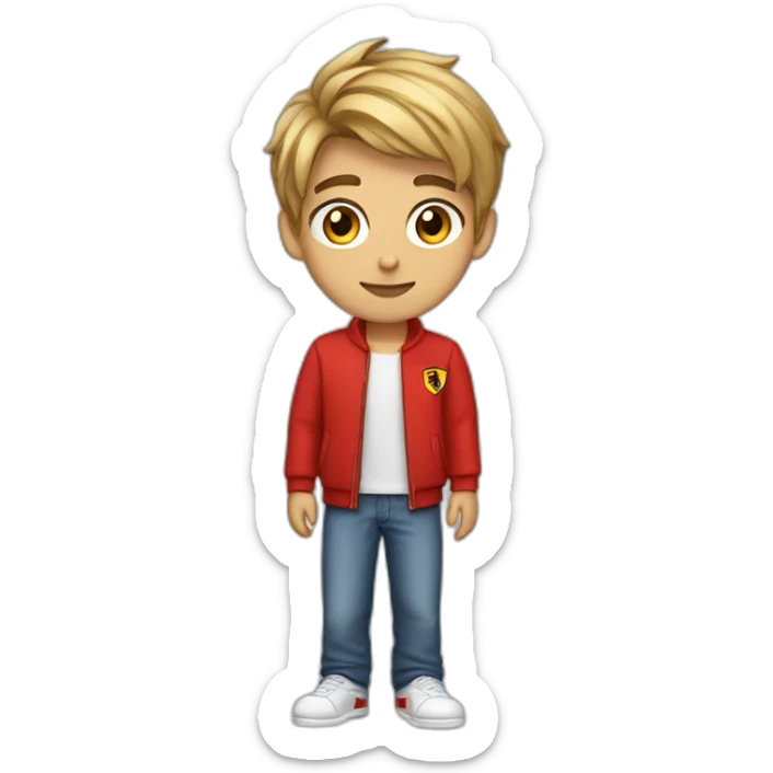 A male teenager with very short dart hair and brown eyes dressed as a ferrari supporter sticker