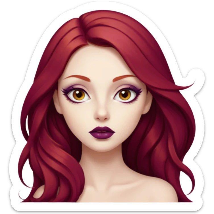 A young woman with long, deep red hair and smooth porcelain skin. She has large, expressive eyes accentuated by winged eyeliner and warm-toned eyeshadow. Her full lips are painted with deep plum lipstick. realistic style, high detail. sticker
