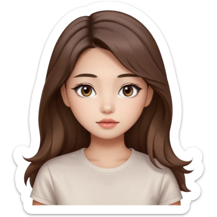 “korean straight brown hair Emoji girl, soft eyeliner and blush, gradient lips, light brown shimmer eyeshadow, long wavy hair,  sticker