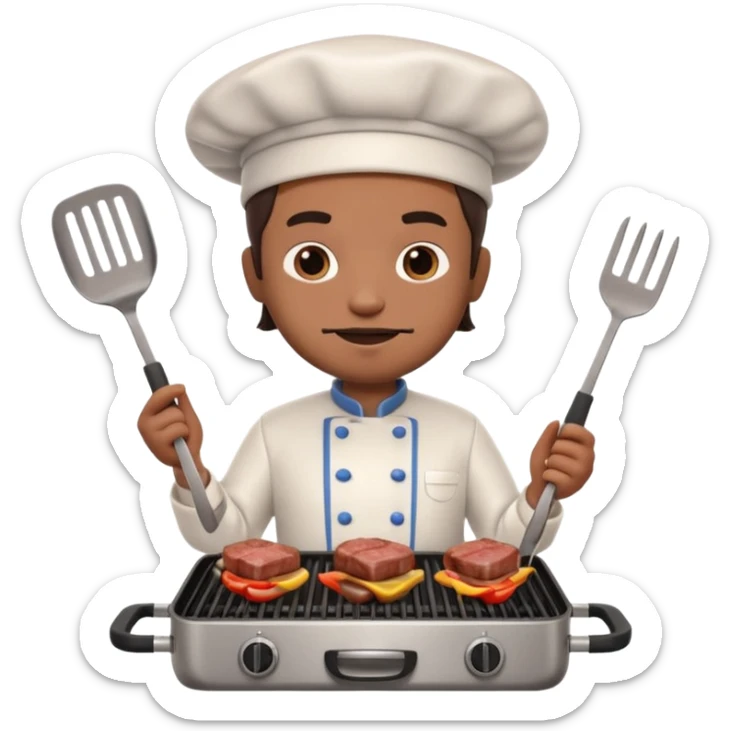 A 3D cartoon cook flipping meat on a grill with tongs, gentle smoke effect, Memoji-style lighting. sticker
