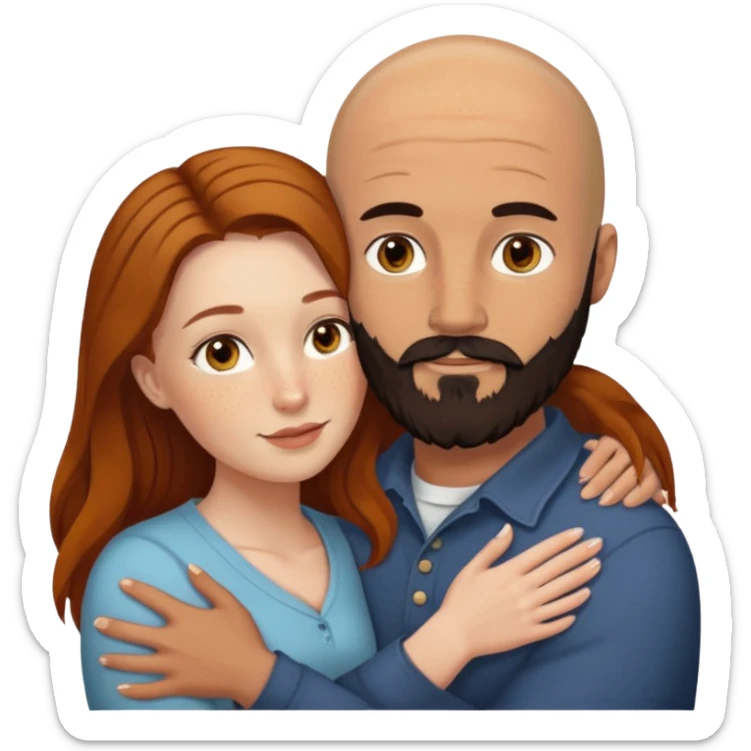 Couple. Bald man with dark brown-black beard. White woman with many small, faded freckles, she has white skin and she has auburn-yellow-brown-cinnamon, dark long hair. She has light brown eyes. The man have hazel eyes. Retro style. They hug. sticker
