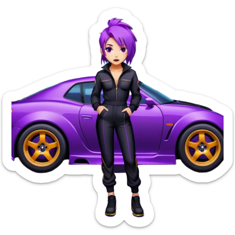 A street racer girl with messy purple hair, black jumpsuit, standing beside a neon-lit car. sticker