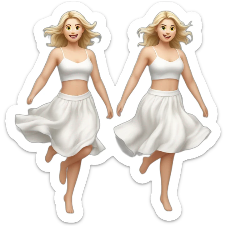 Hyperrealistic Full body Caucasian curvy beauty jumping white skirt back and front views strong wind sticker